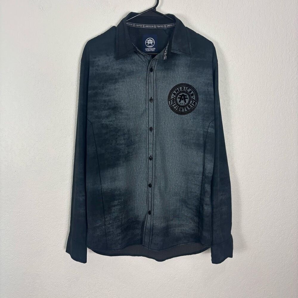 American Fighter Grey and Light Grey Acid Wash Collared Button‎ Down Shirt Men's